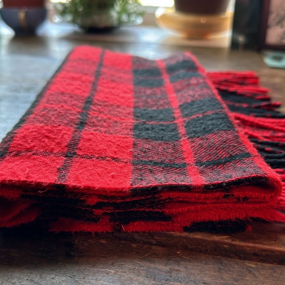 DIOR Vintage Plaid Tasseled Soft Scarf, Unisex, Red & Black